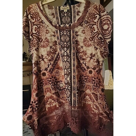 One World Womens XS Lace Floral Geometric Print Tshirt Tunic Top NWT B7 New - Picture 1 of 7